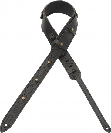 Levy's 2″ wide black veg-tan leather guitar strap with garment leather backing.